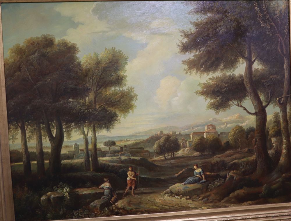 Modern oil on canvas, Figures in an Italianate landscape, 75 x 100cm